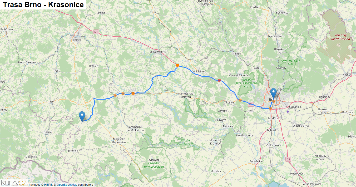 Brno-Krasonice, mapa trasy