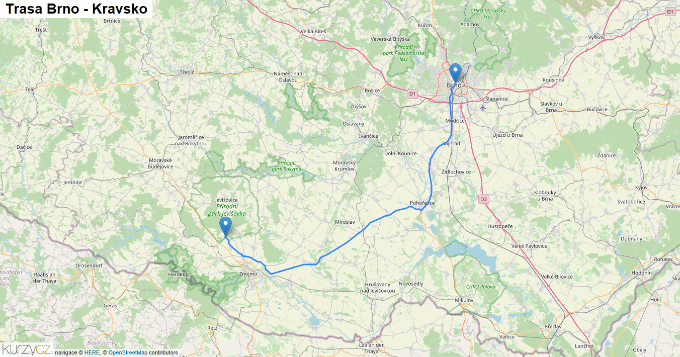 Brno-Kravsko, mapa trasy
