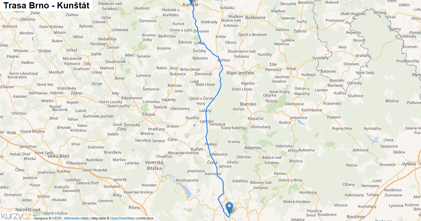 Brno-Kunštát, mapa trasy