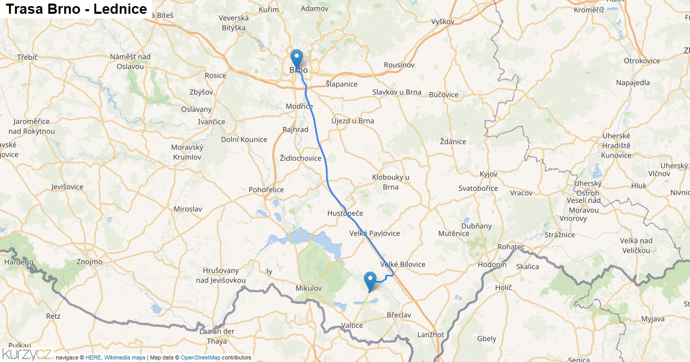 Brno-Lednice, mapa trasy