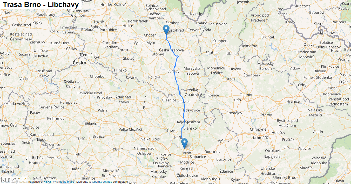 Brno-Libchavy, mapa trasy