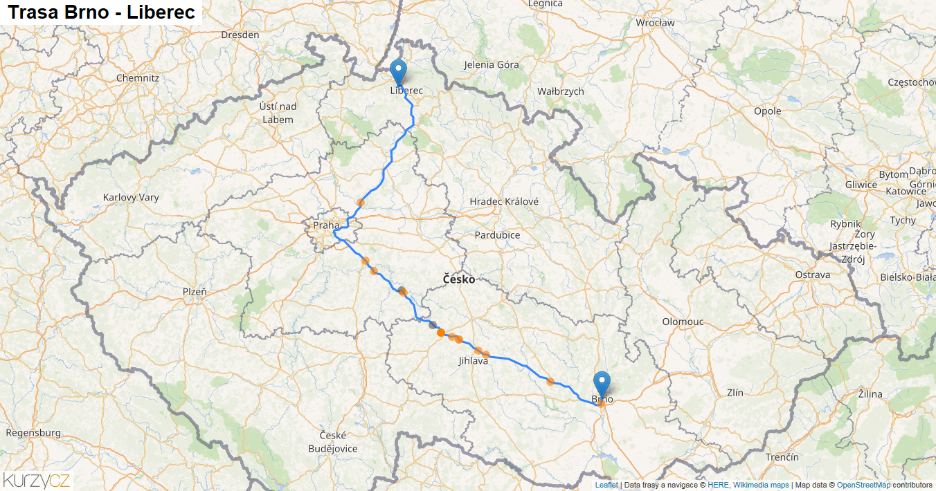 Brno-Liberec, mapa trasy