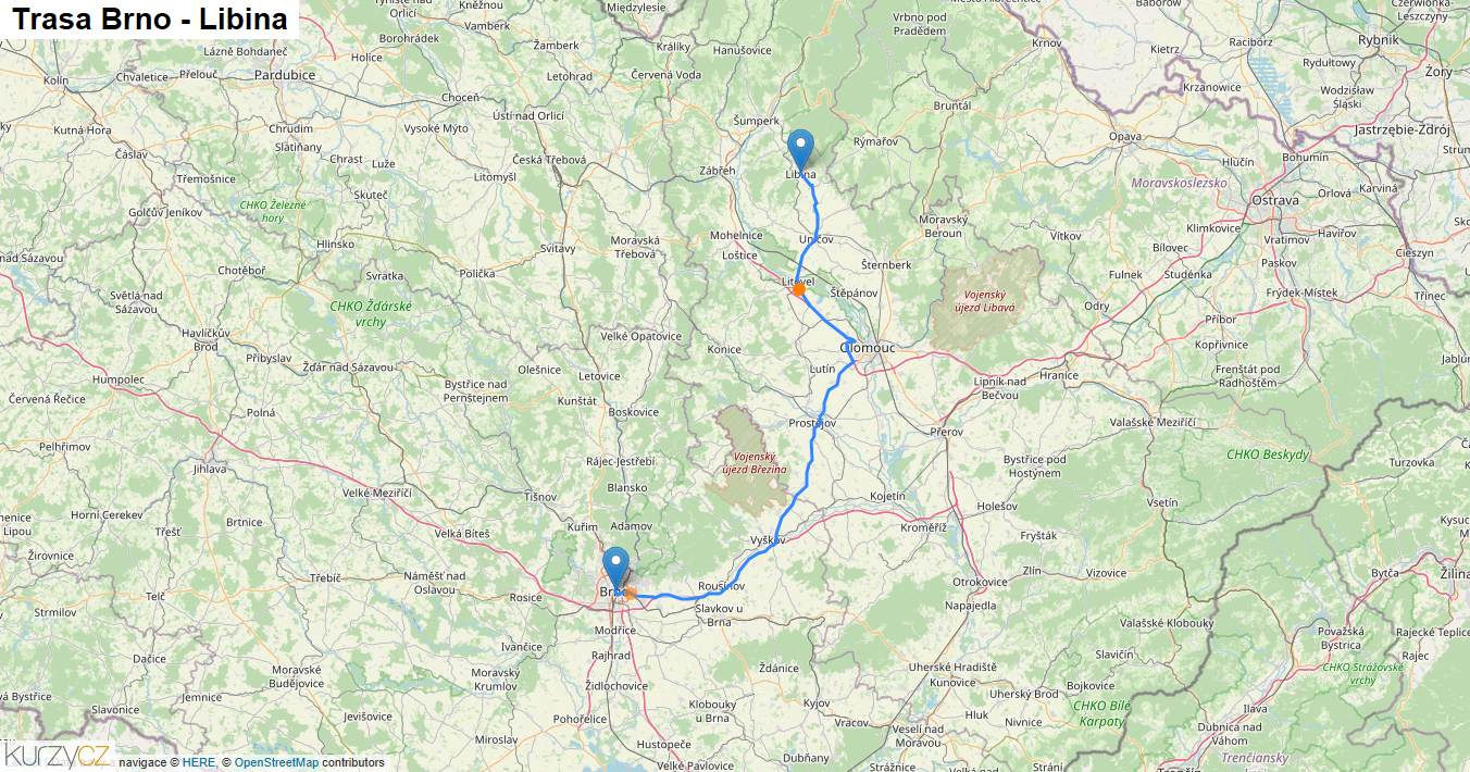 Brno-Libina, mapa trasy