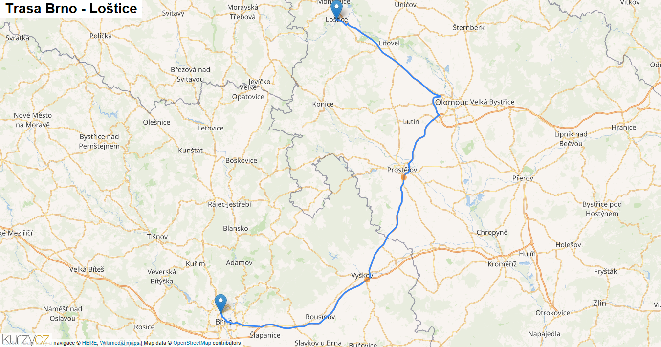 Brno-Loštice, mapa trasy