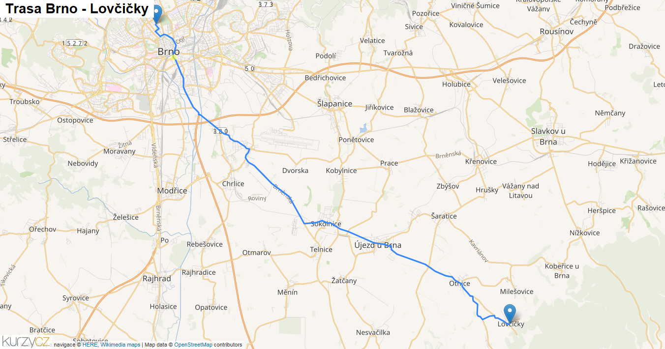 Brno-Lovčičky, mapa trasy