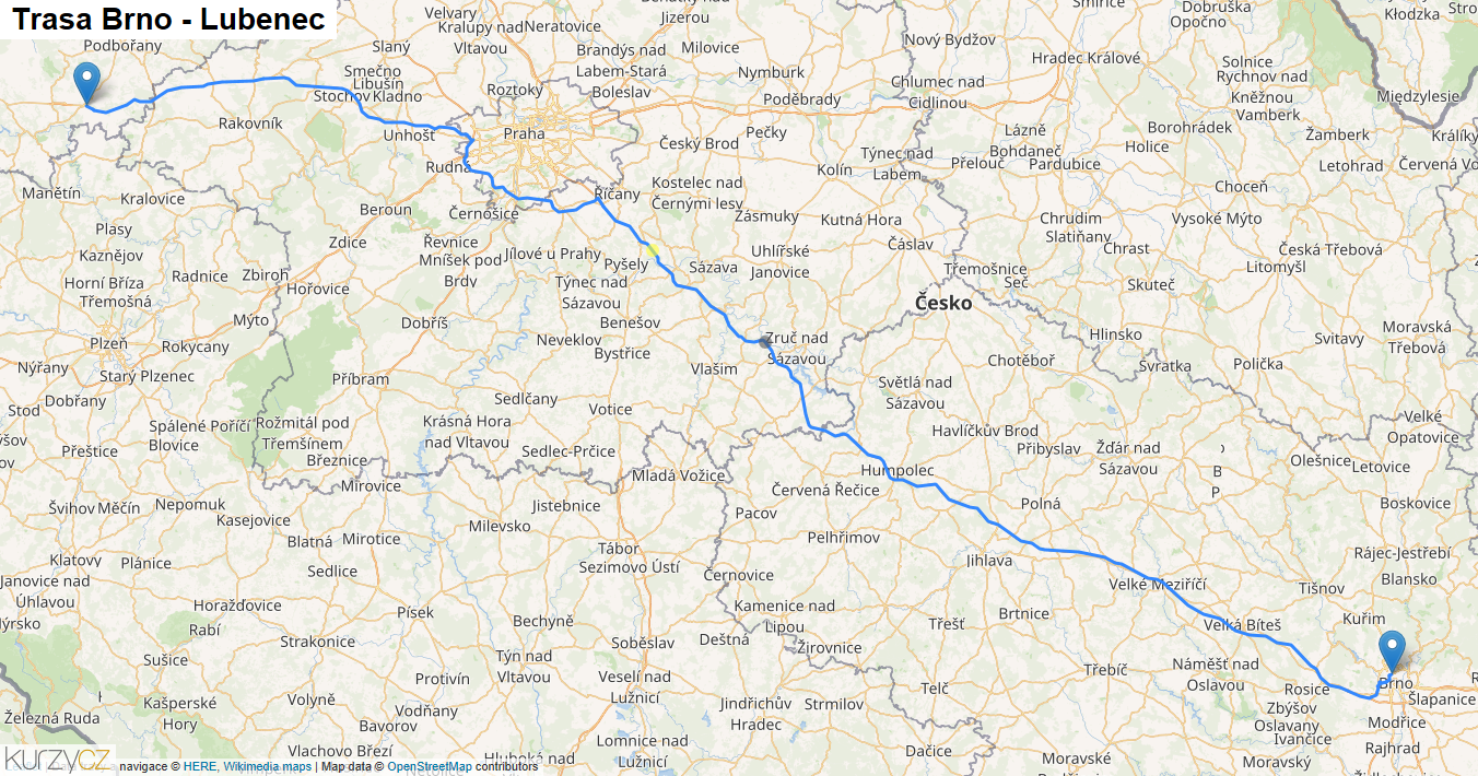 Brno-Lubenec, mapa trasy