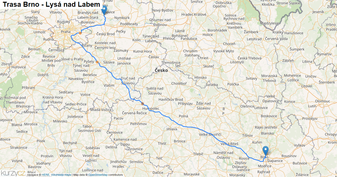 Brno-Lysá nad Labem, mapa trasy
