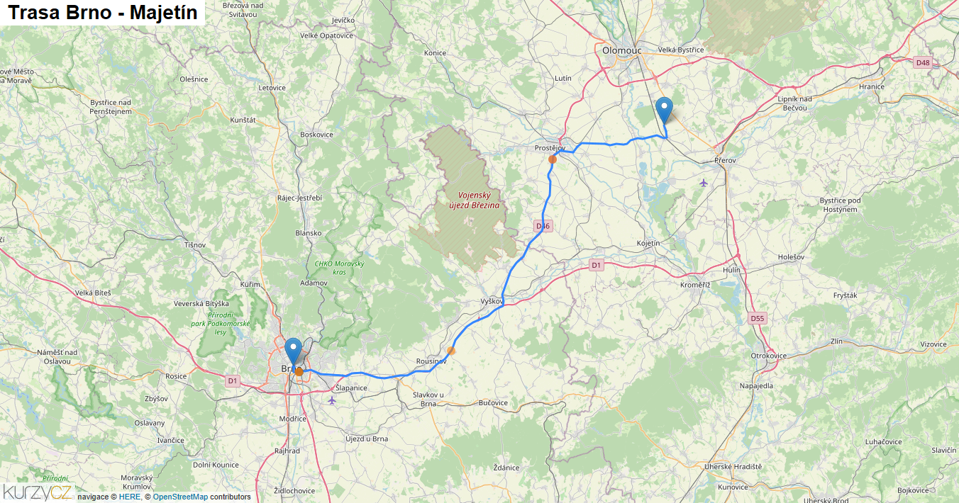 Brno-Majetín, mapa trasy