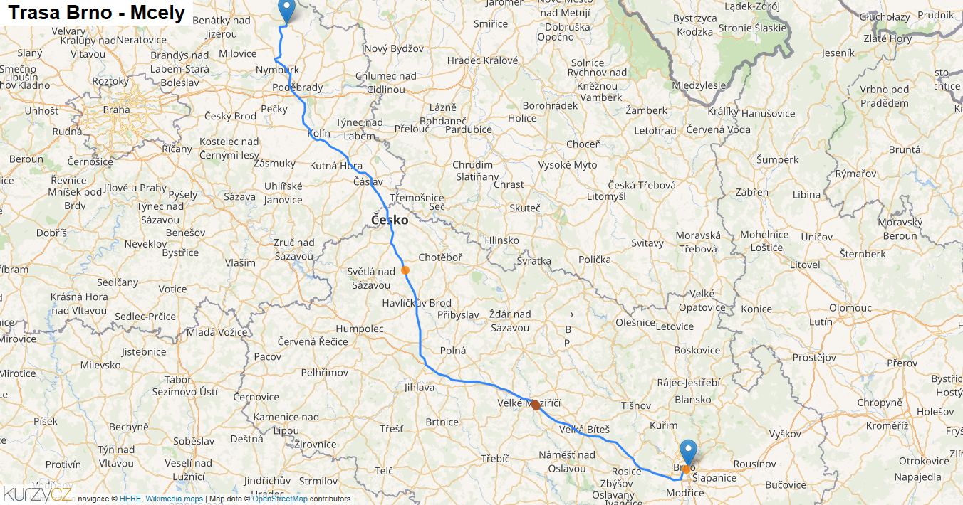 Brno-Mcely, mapa trasy