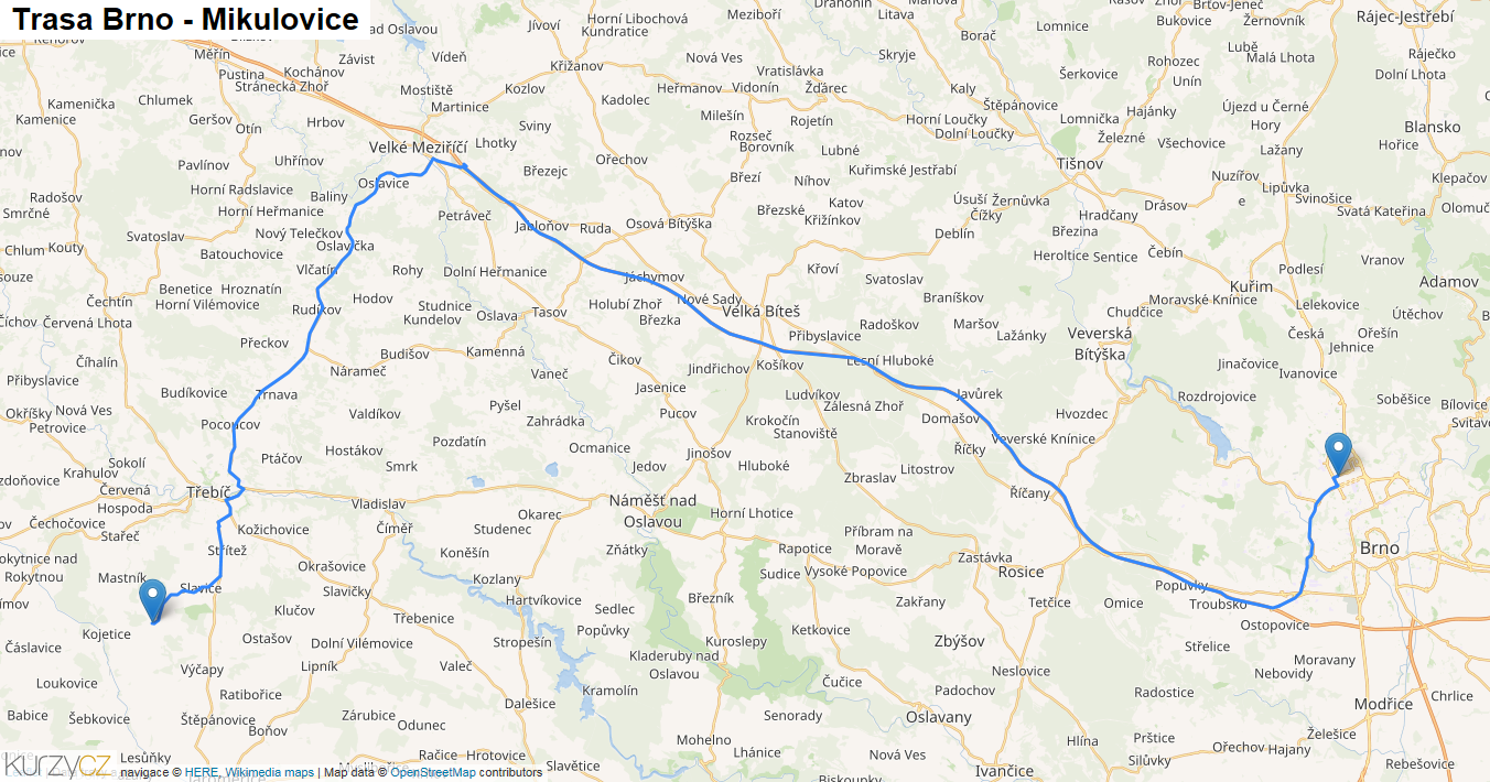 Brno-Mikulovice, mapa trasy