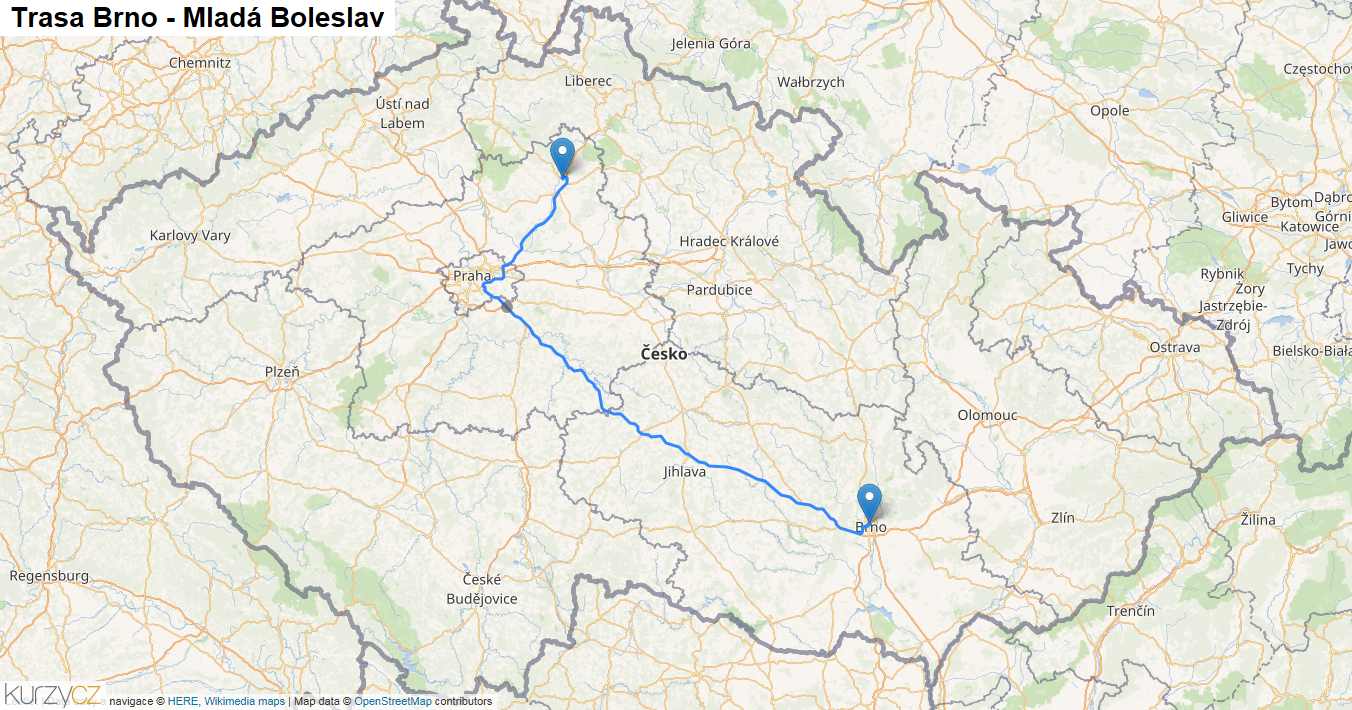 Brno-Mladá Boleslav, mapa trasy