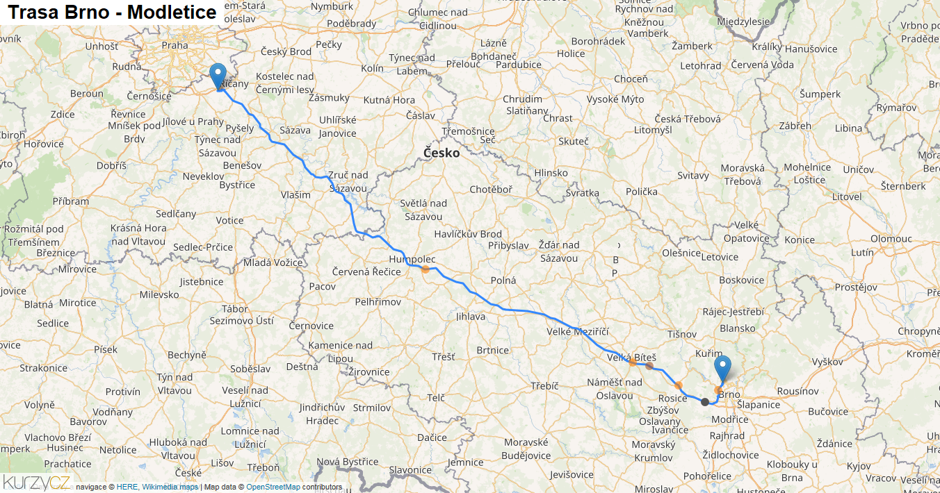 Brno-Modletice, mapa trasy