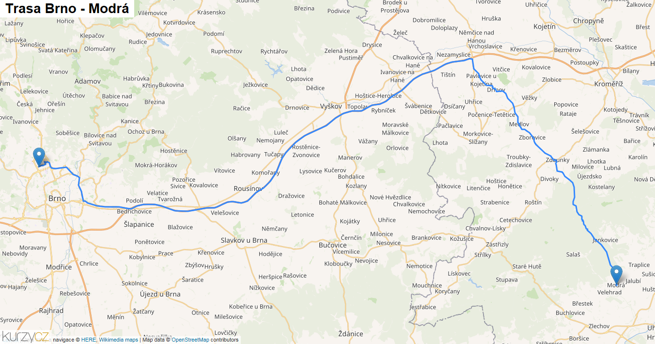 Brno-Modrá, mapa trasy