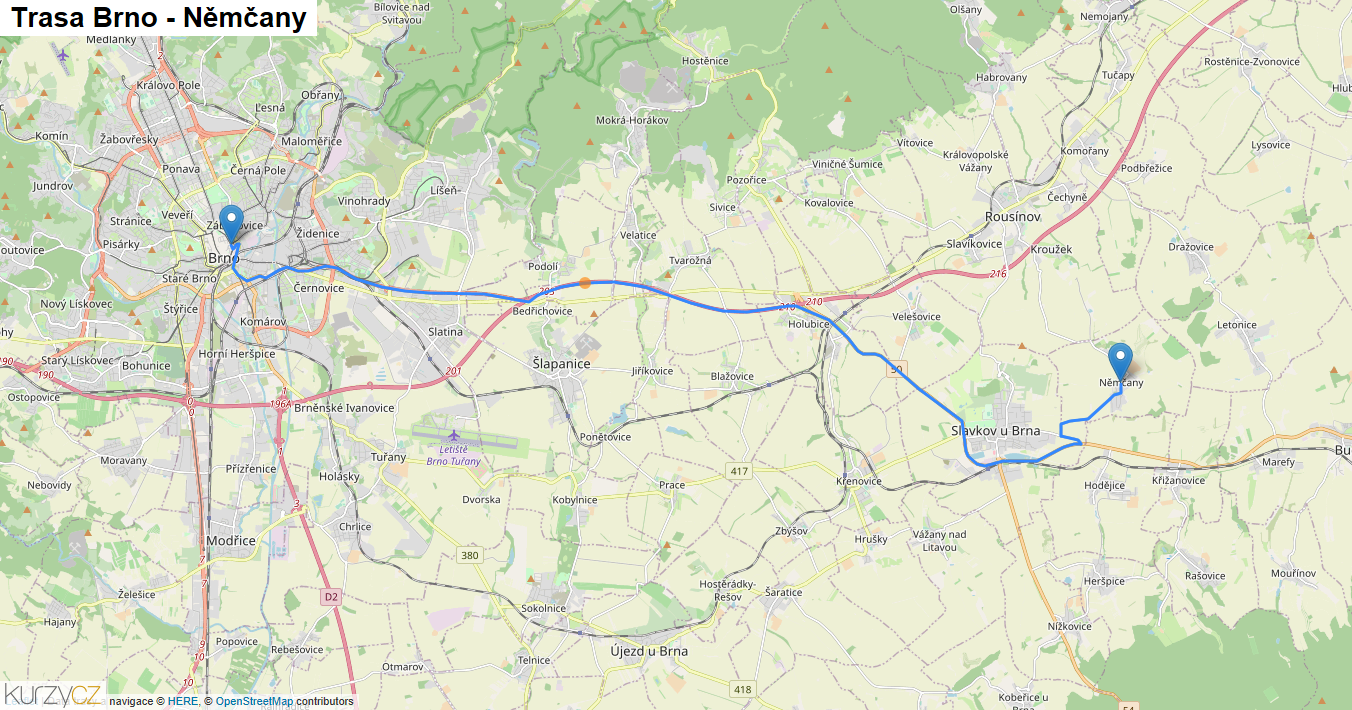 Brno-Němčany, mapa trasy