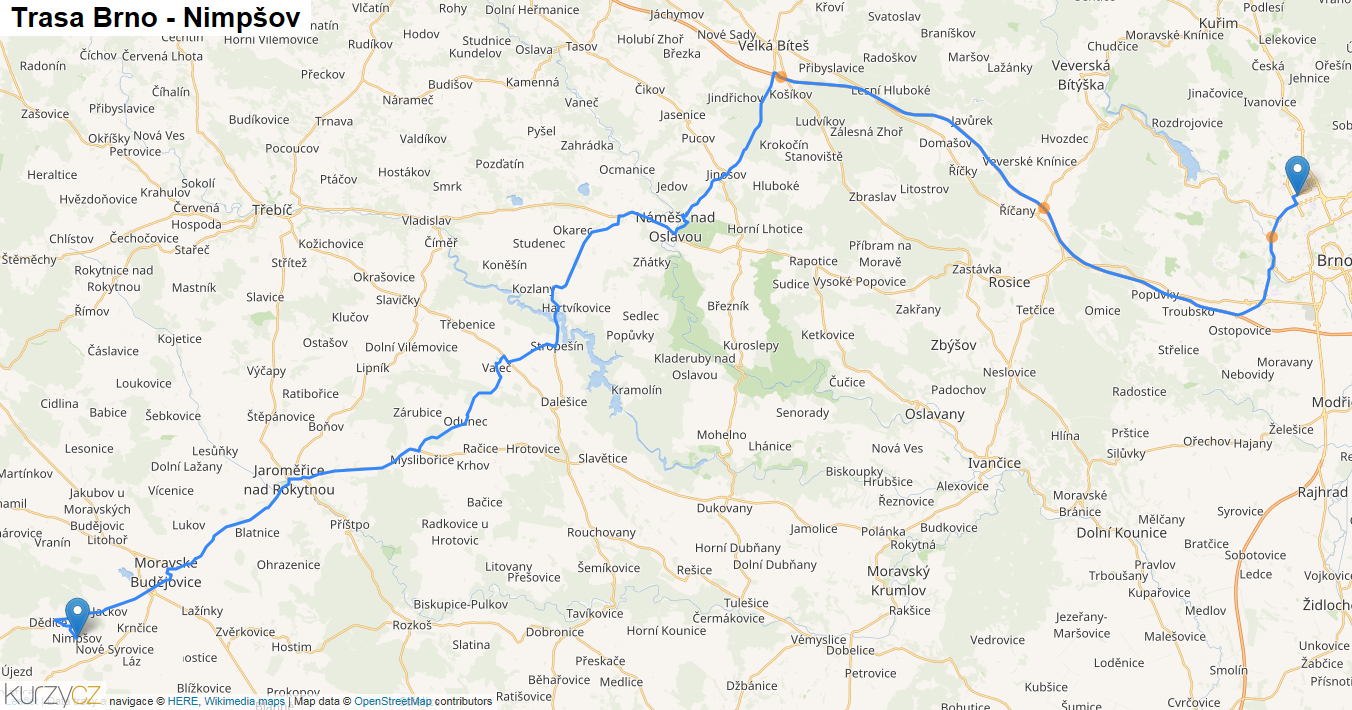 Brno-Nimpšov, mapa trasy