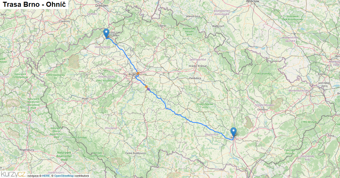 Brno-Ohníč, mapa trasy