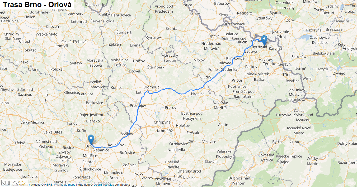 Brno-Orlová, mapa trasy