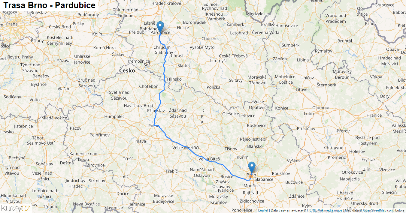 Brno-Pardubice, mapa trasy