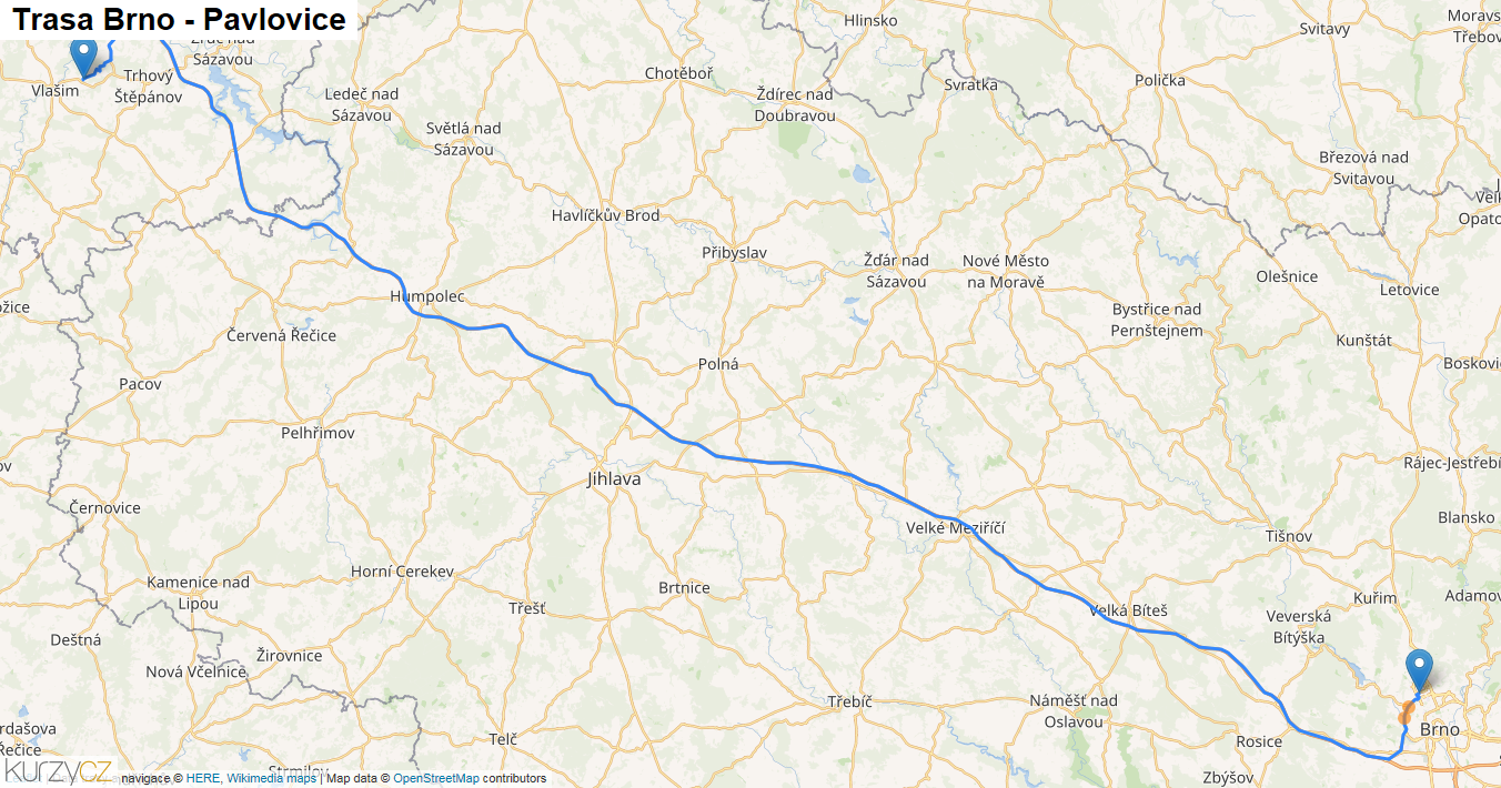 Brno-Pavlovice, mapa trasy