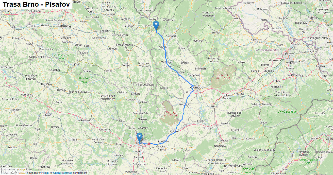 Brno-Písařov, mapa trasy