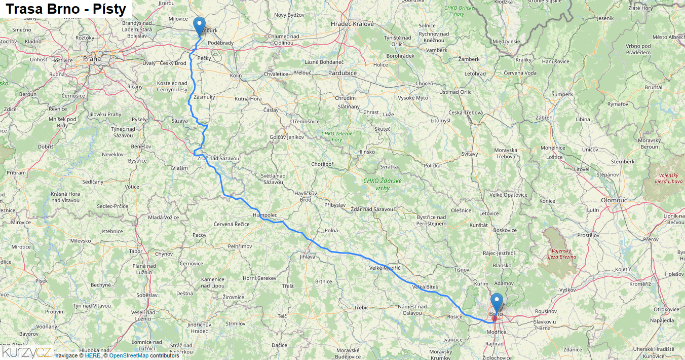 Brno-Písty, mapa trasy