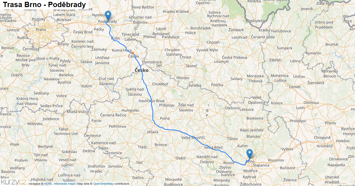 Brno-Poděbrady, mapa trasy