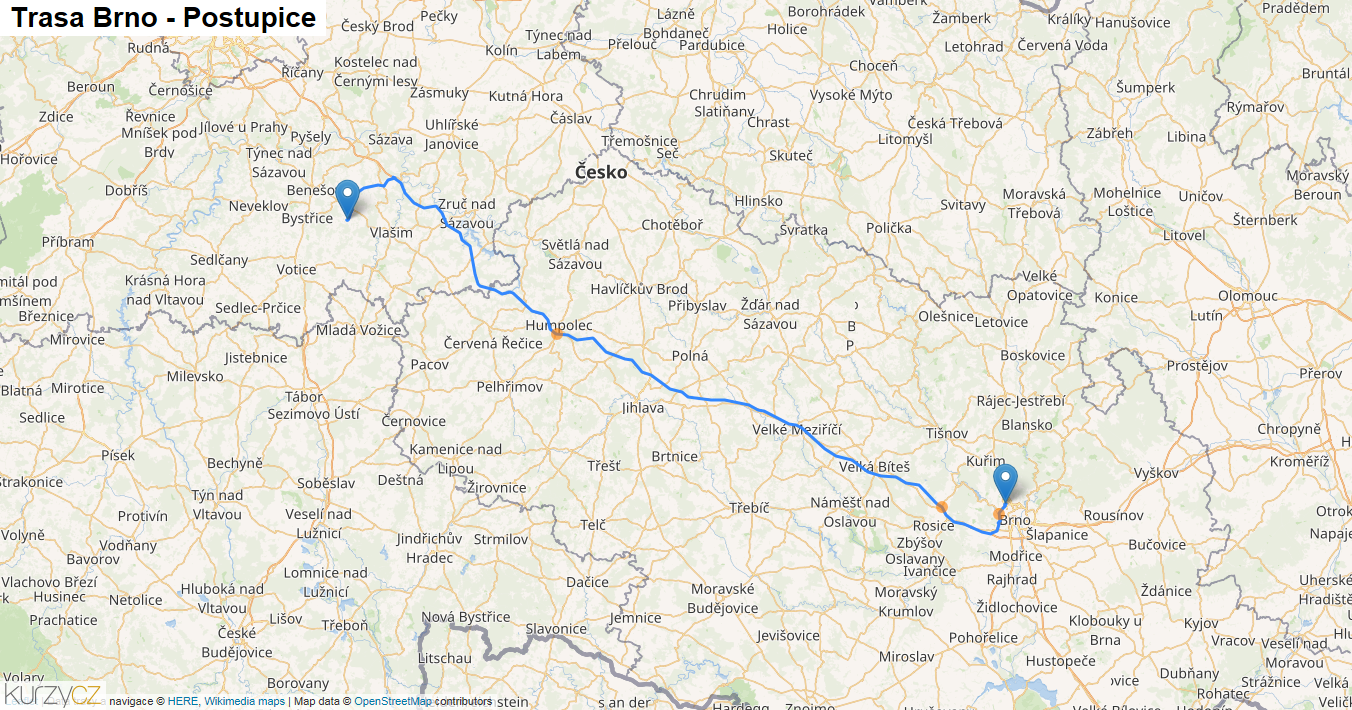 Brno-Postupice, mapa trasy