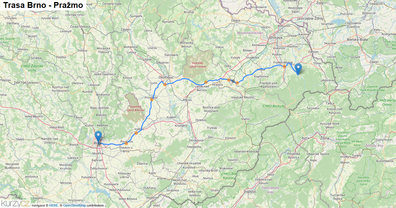 Brno-Pražmo, mapa trasy
