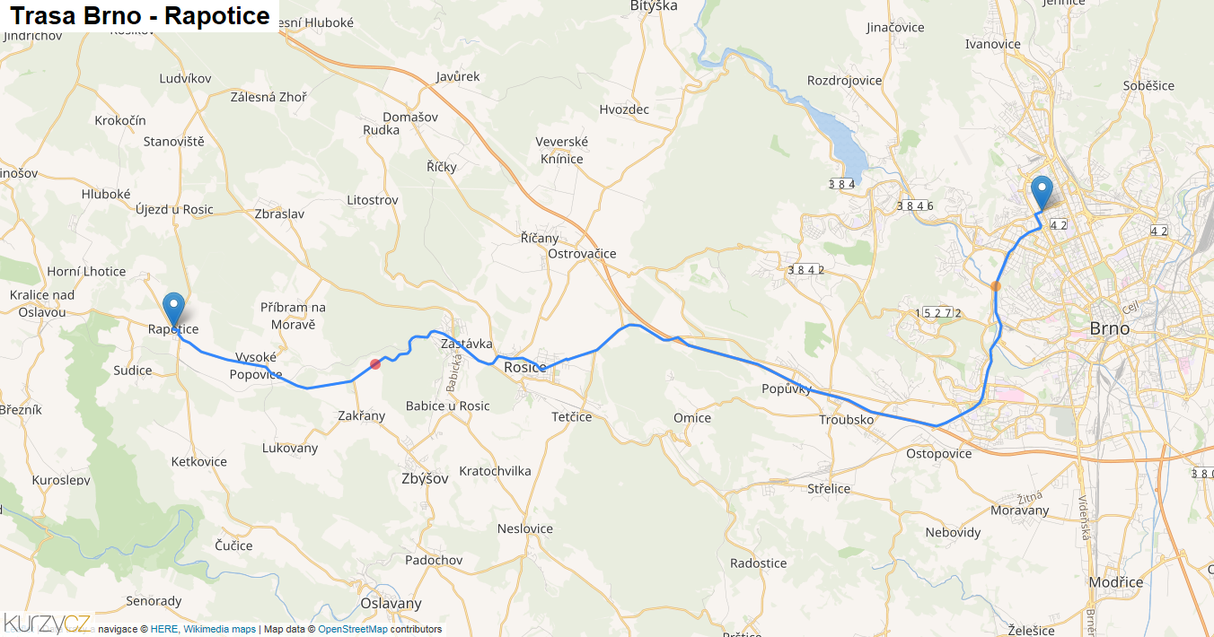 Brno-Rapotice, mapa trasy
