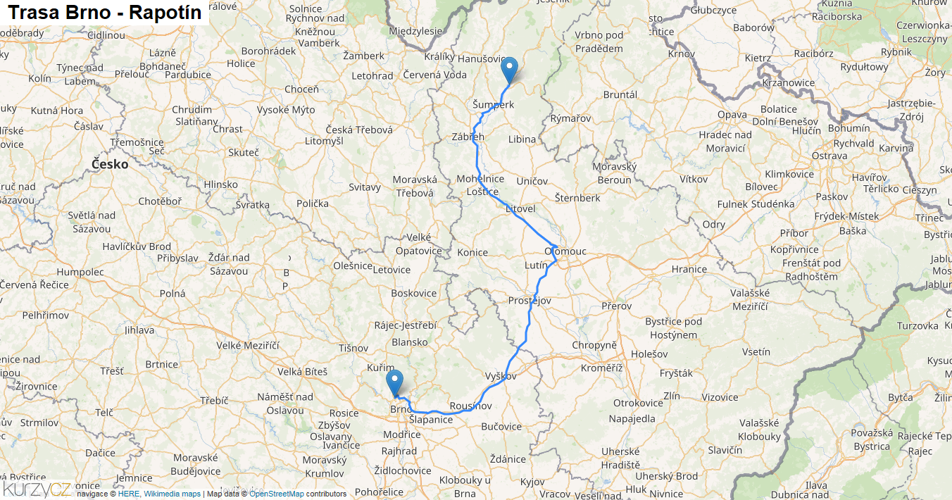 Brno-Rapotín, mapa trasy