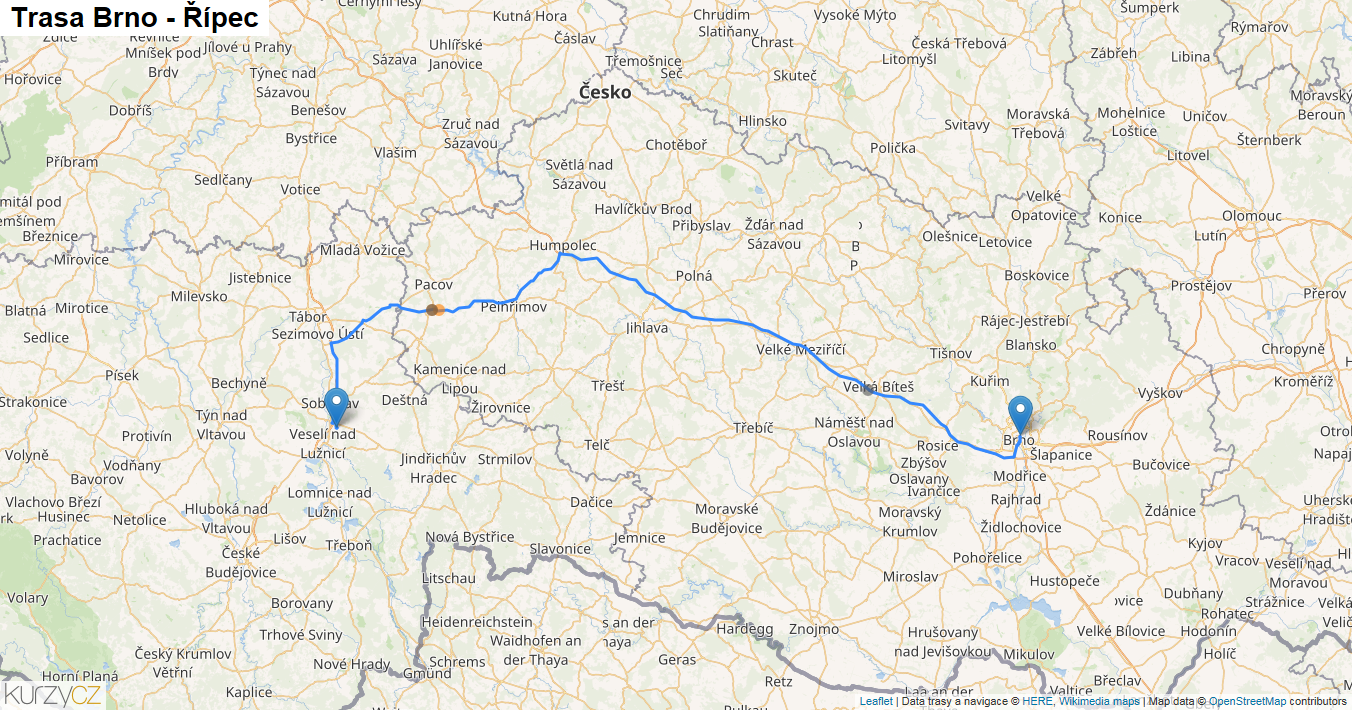 Brno-Řípec, mapa trasy