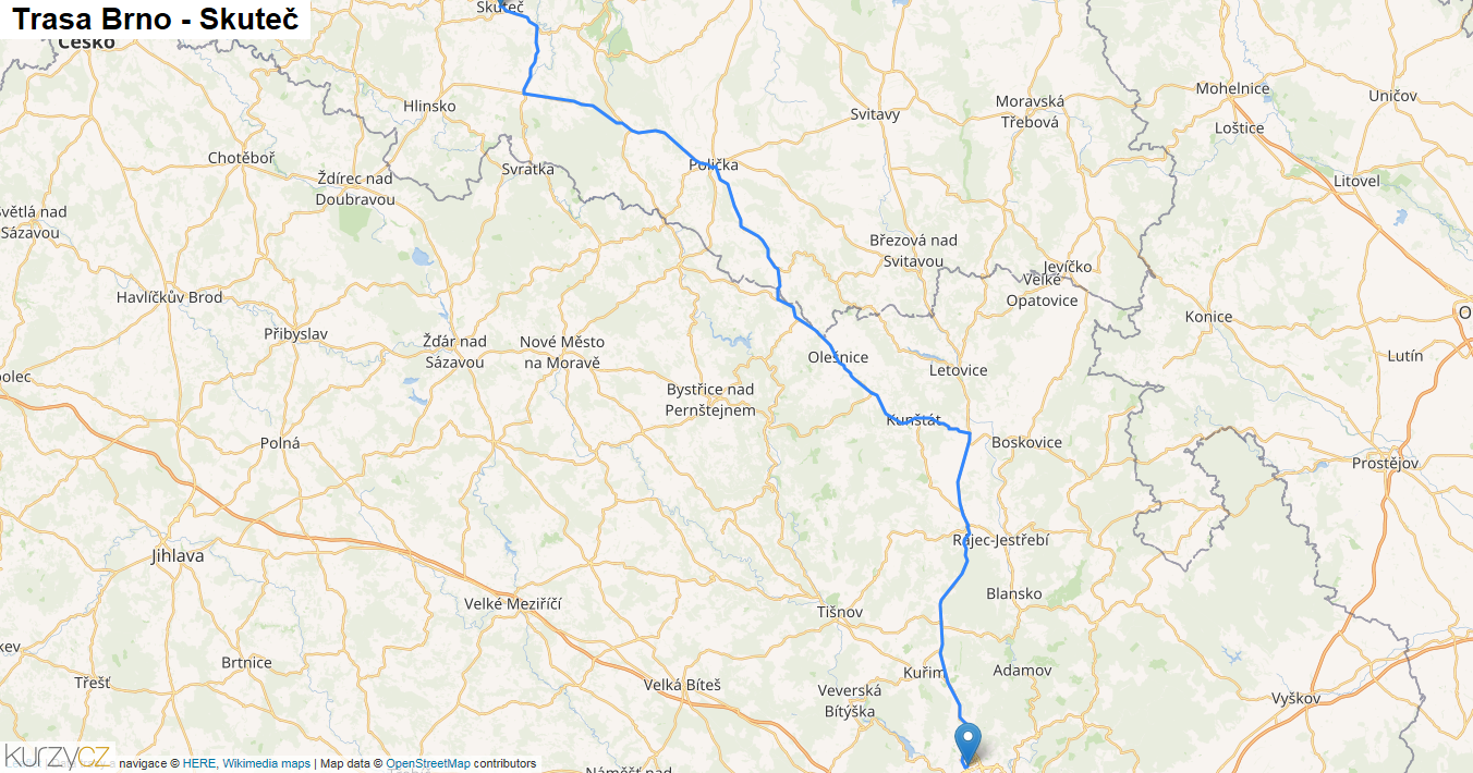 Brno-Skuteč, mapa trasy