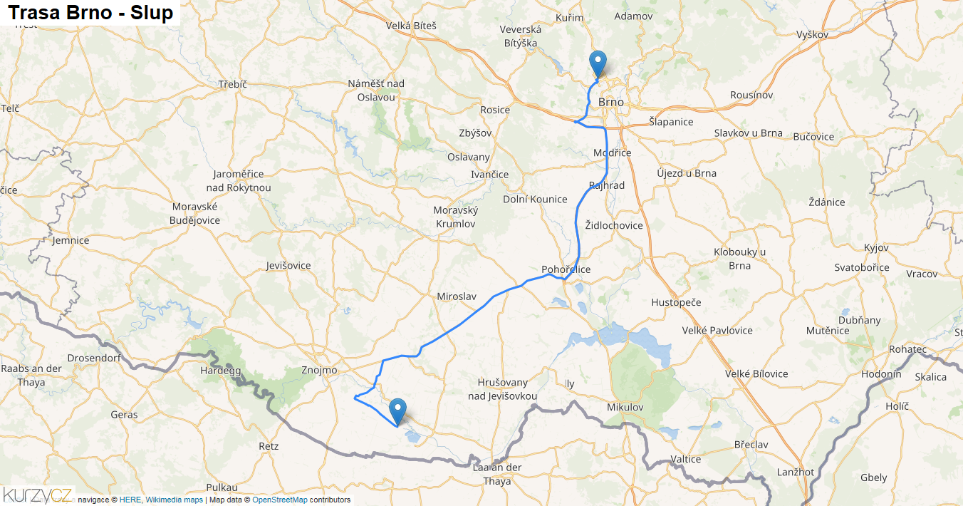Brno-Slup, mapa trasy