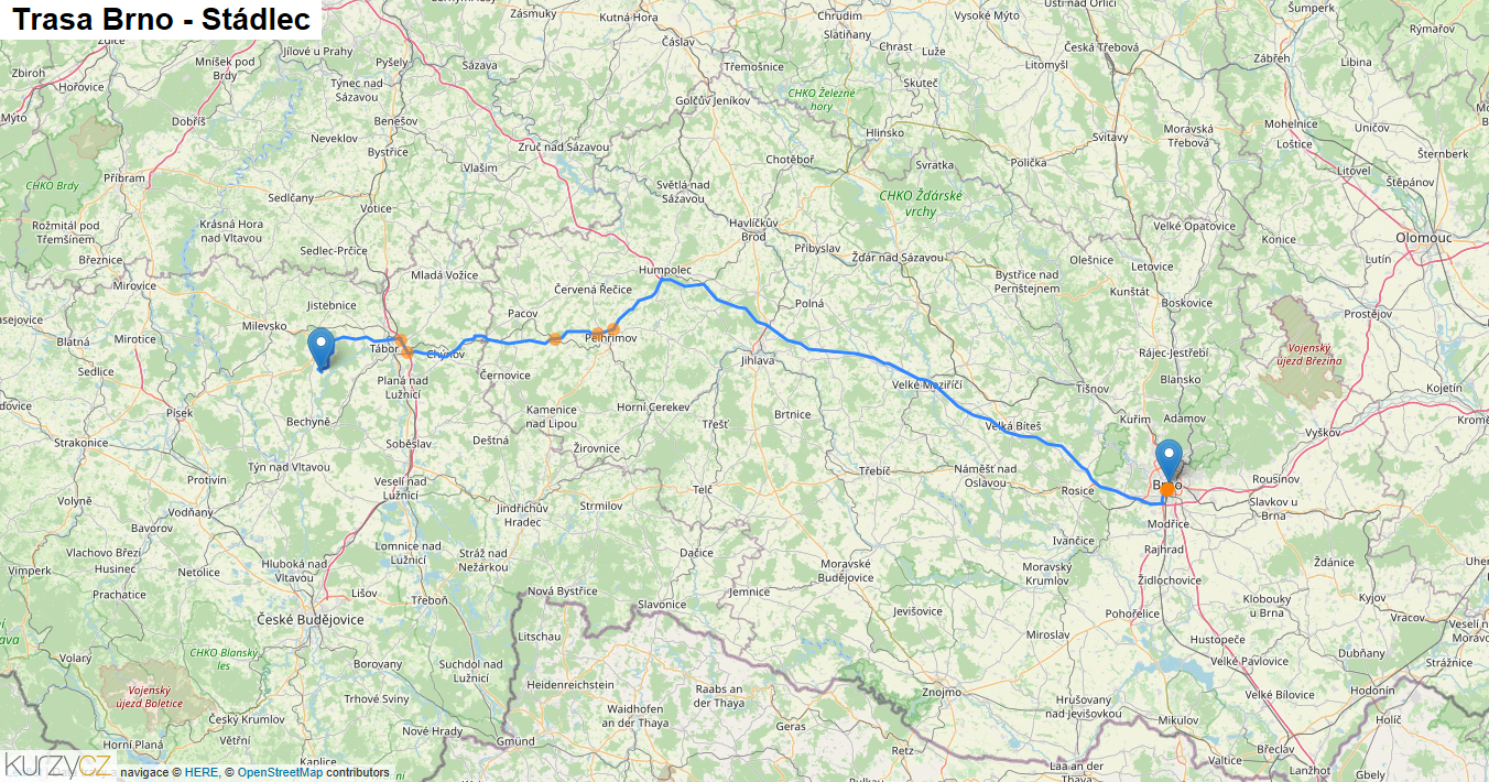 Brno-Stádlec, mapa trasy