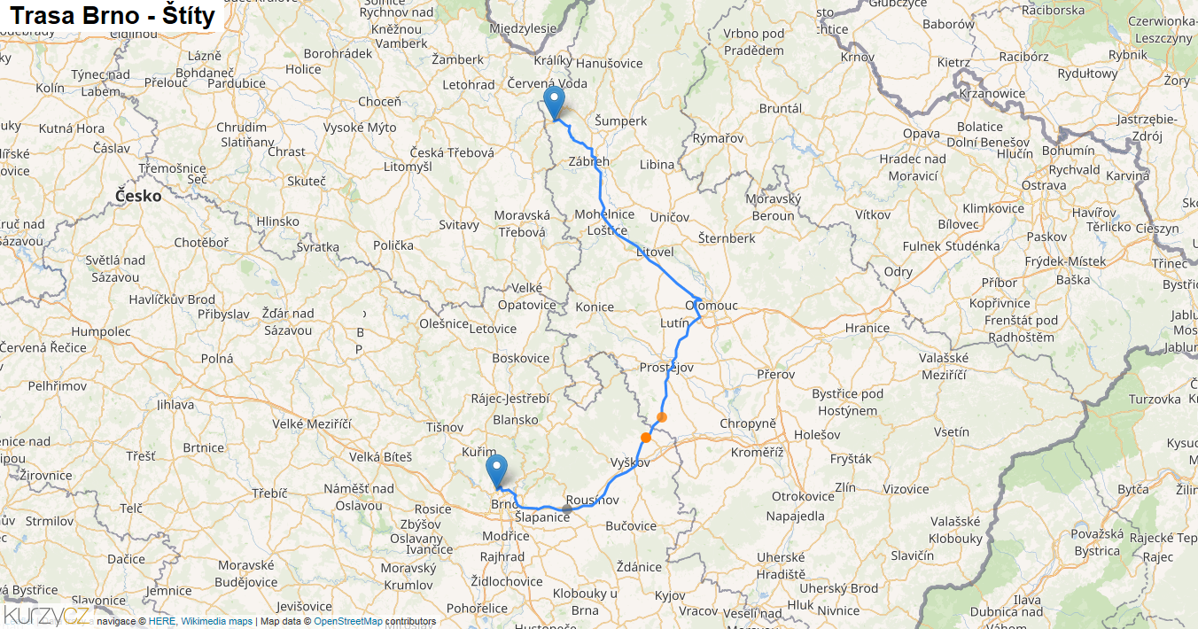 Brno-Štíty, mapa trasy