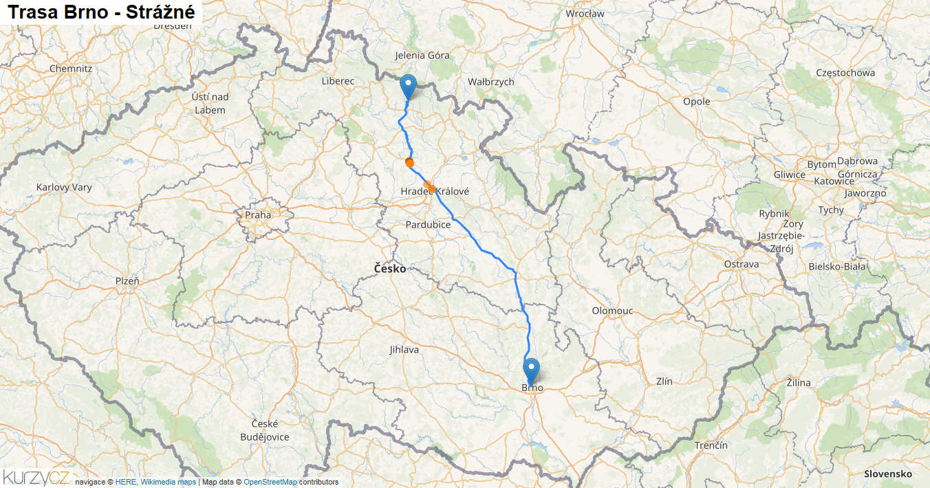 Brno-Strážné, mapa trasy