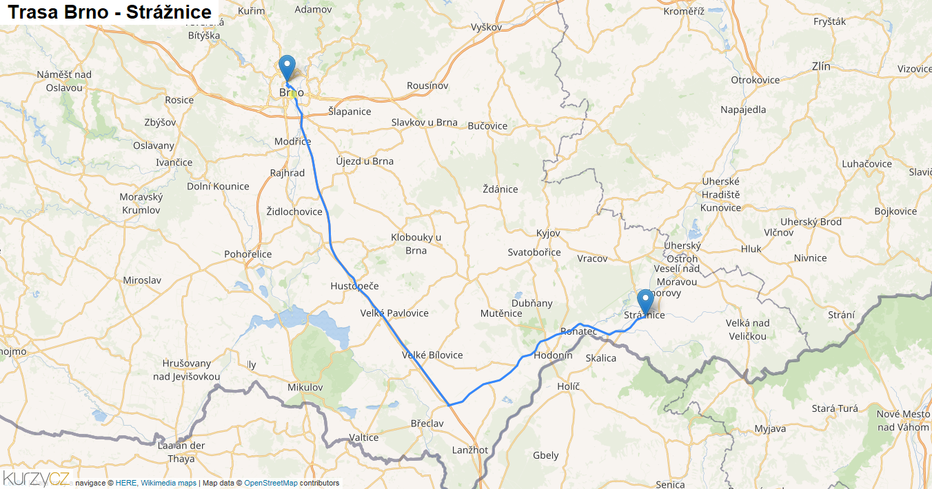 Brno-Strážnice, mapa trasy