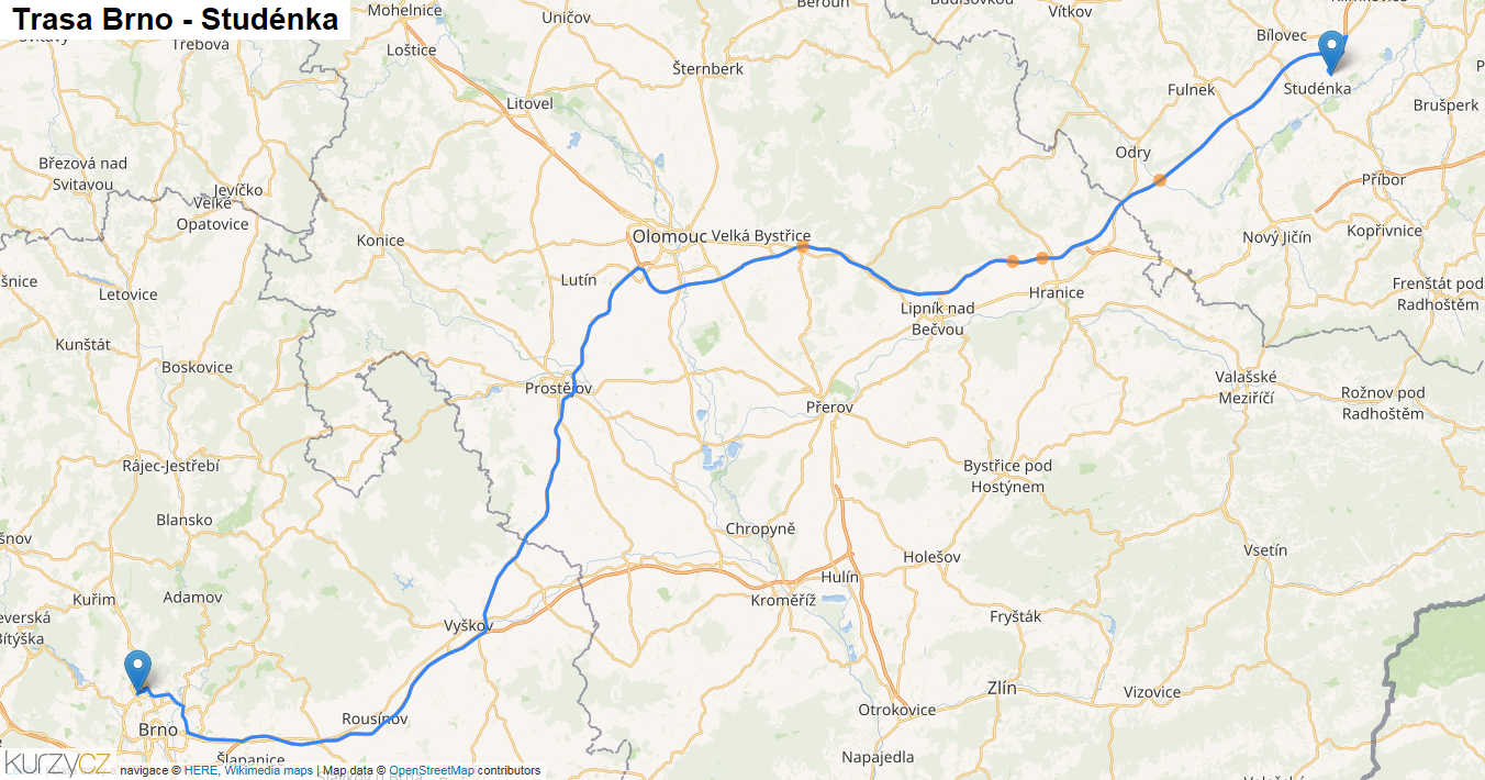 Brno-Studénka, mapa trasy