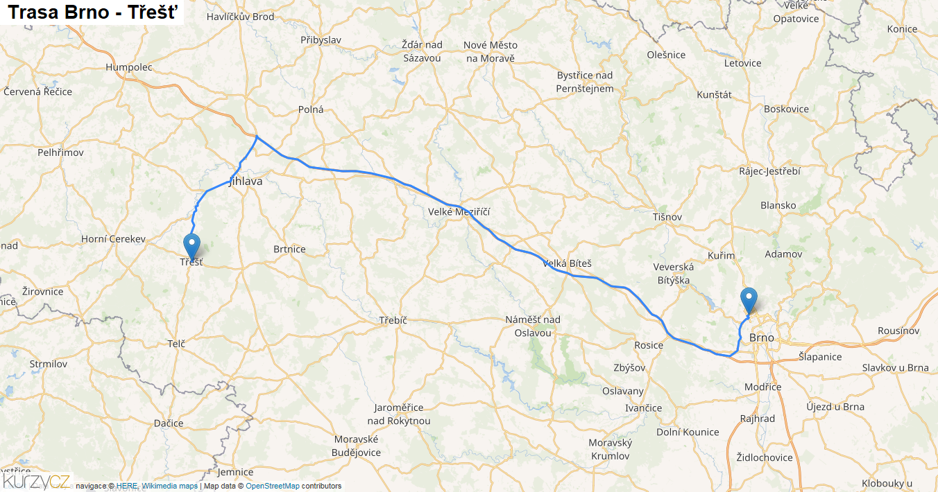 Brno-Třešť, mapa trasy