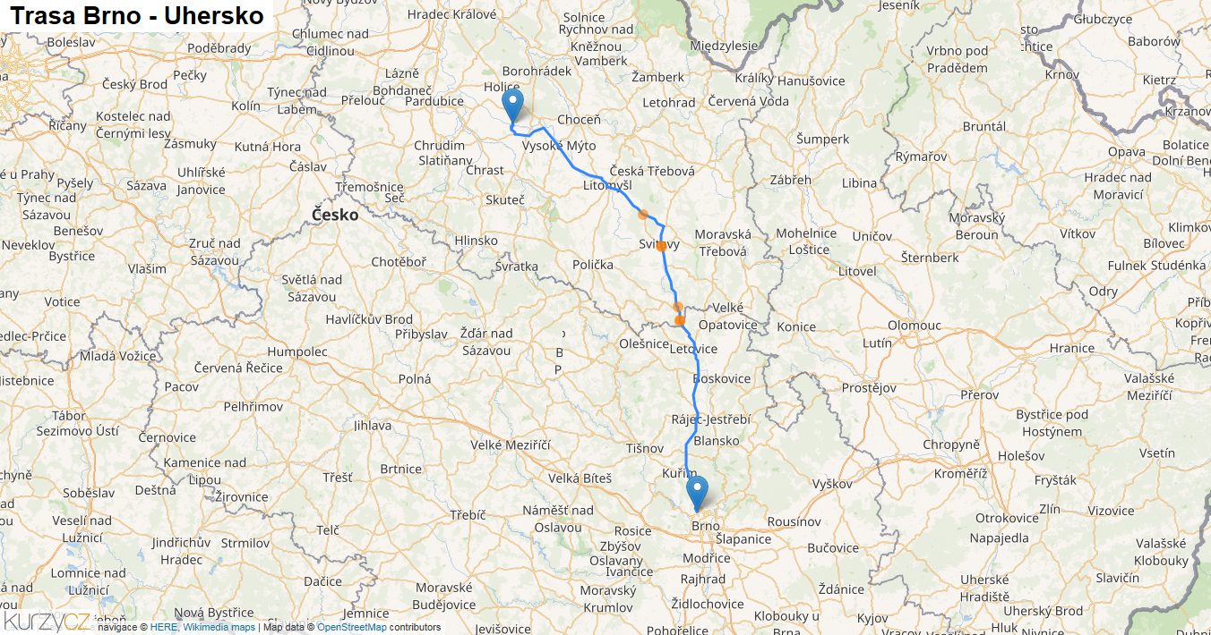 Brno-Uhersko, mapa trasy