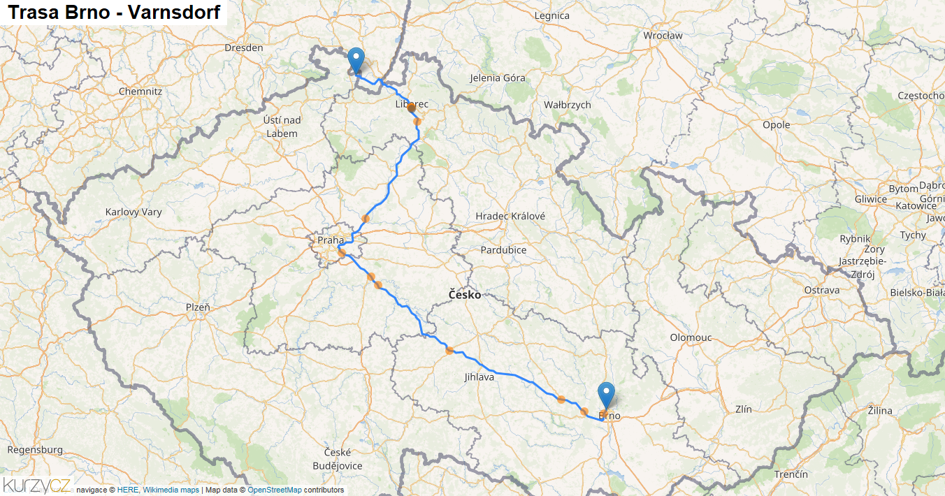 Brno-Varnsdorf, mapa trasy