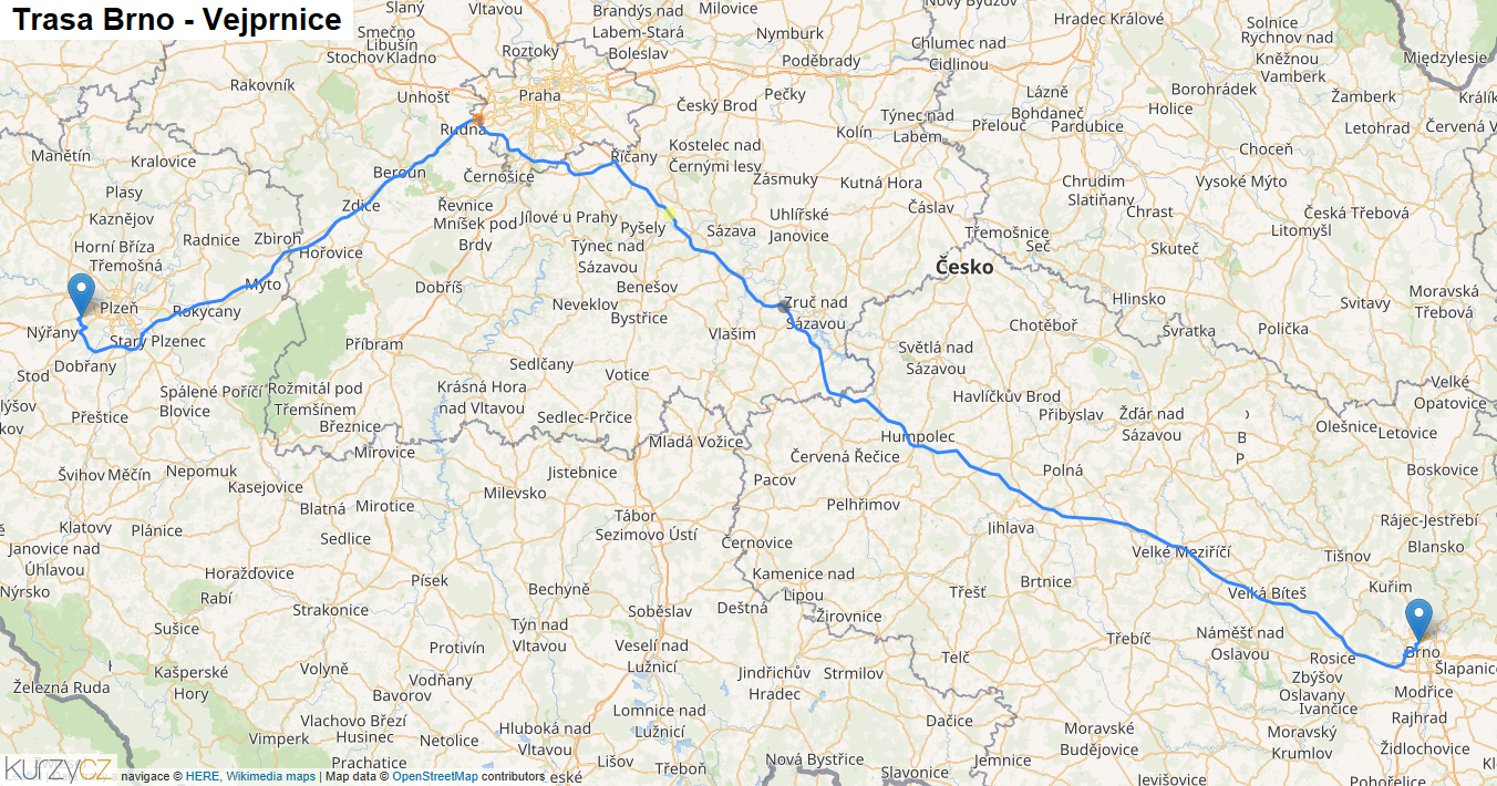Brno-Vejprnice, mapa trasy
