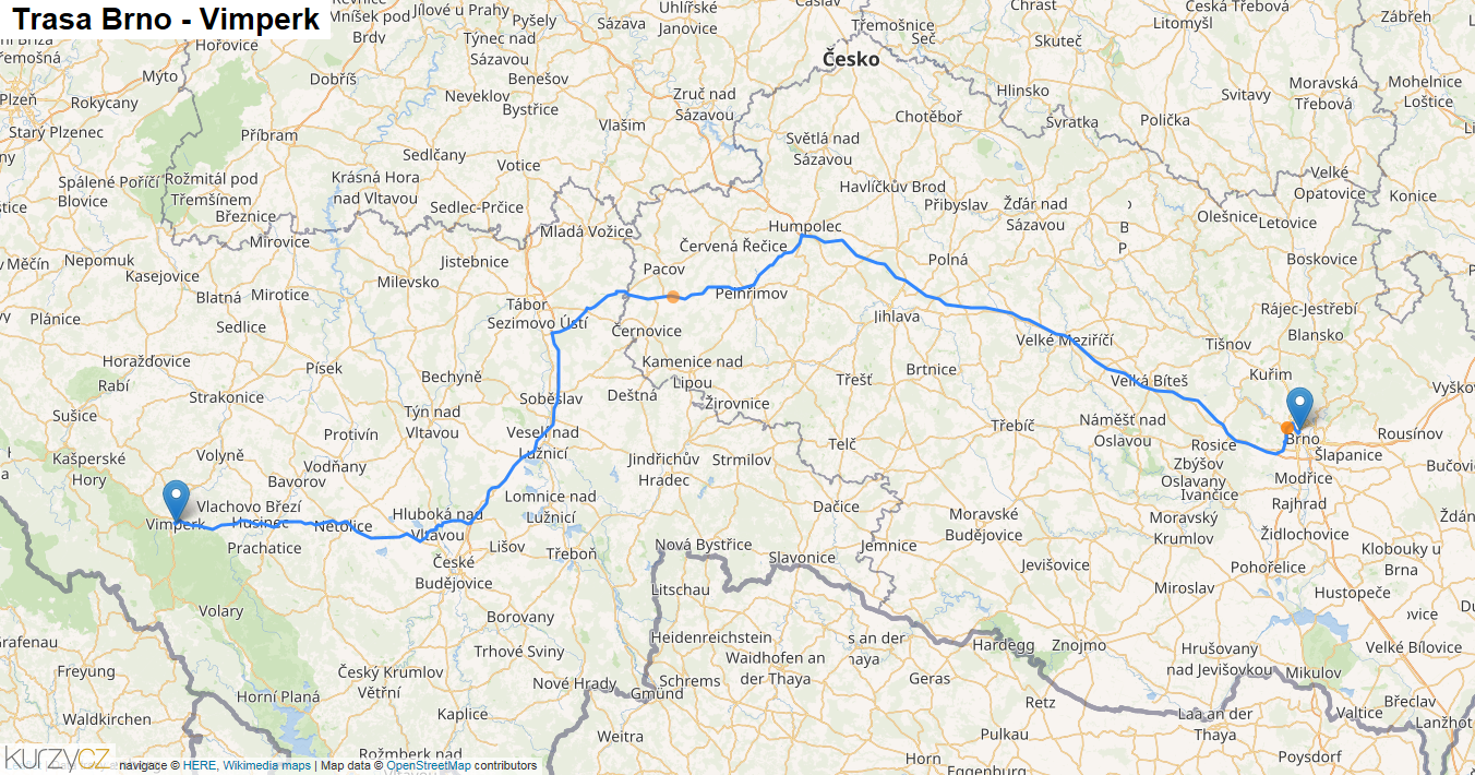 Brno-Vimperk, mapa trasy
