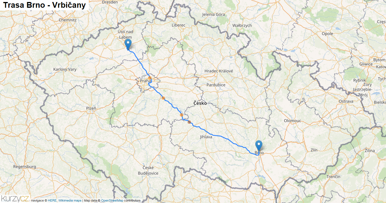 Brno-Vrbičany, mapa trasy