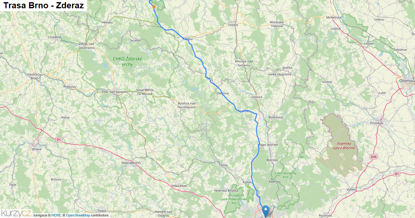 Brno-Zderaz, mapa trasy