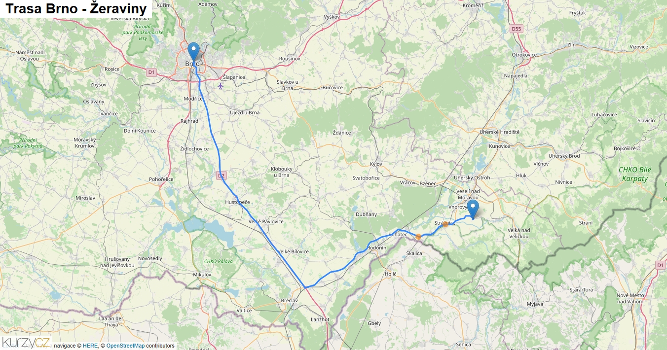 Brno-Žeraviny, mapa trasy