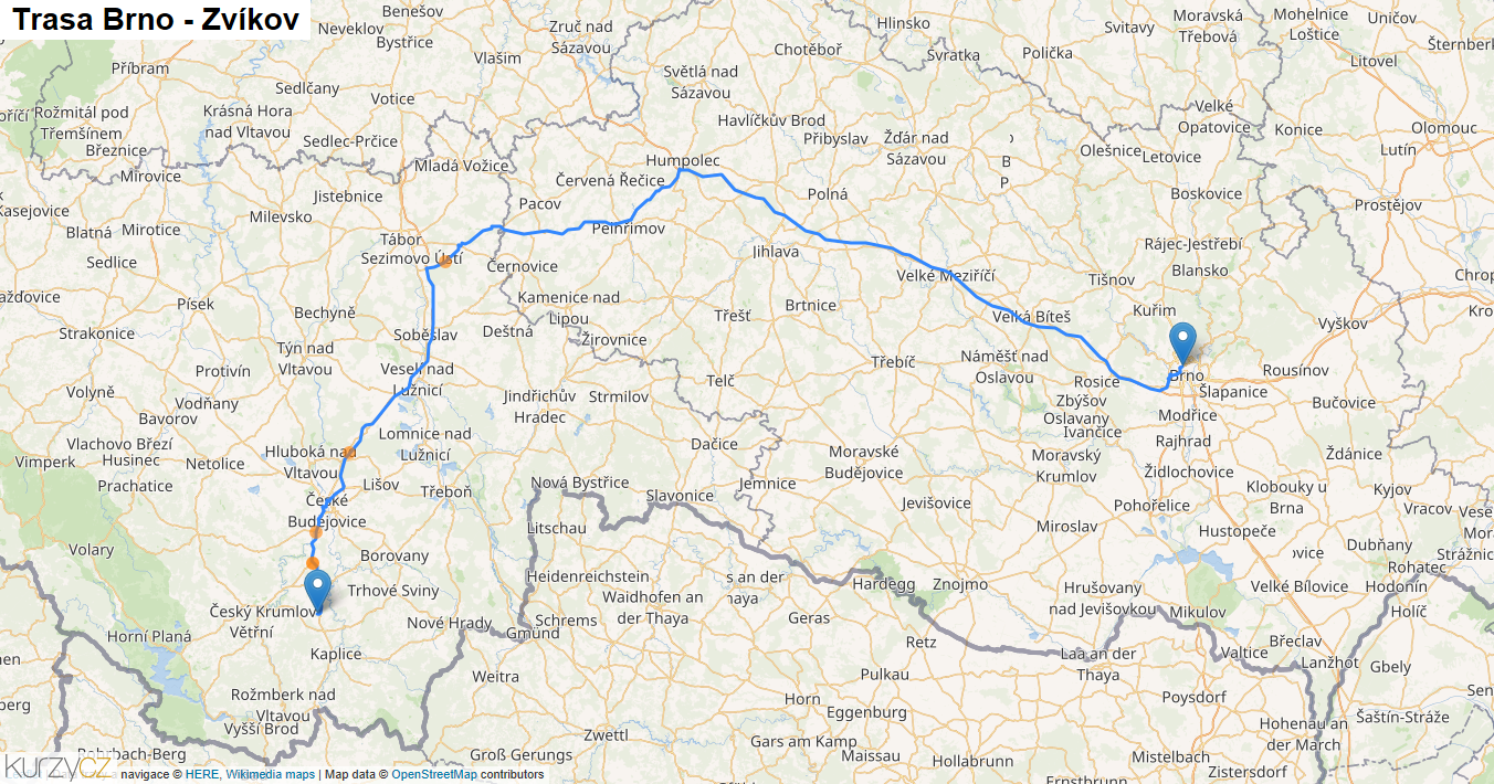 Brno-Zvíkov, mapa trasy