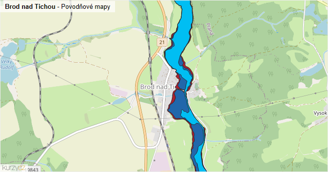 Brod nad Tichou - záplavové mapy stoleté vody