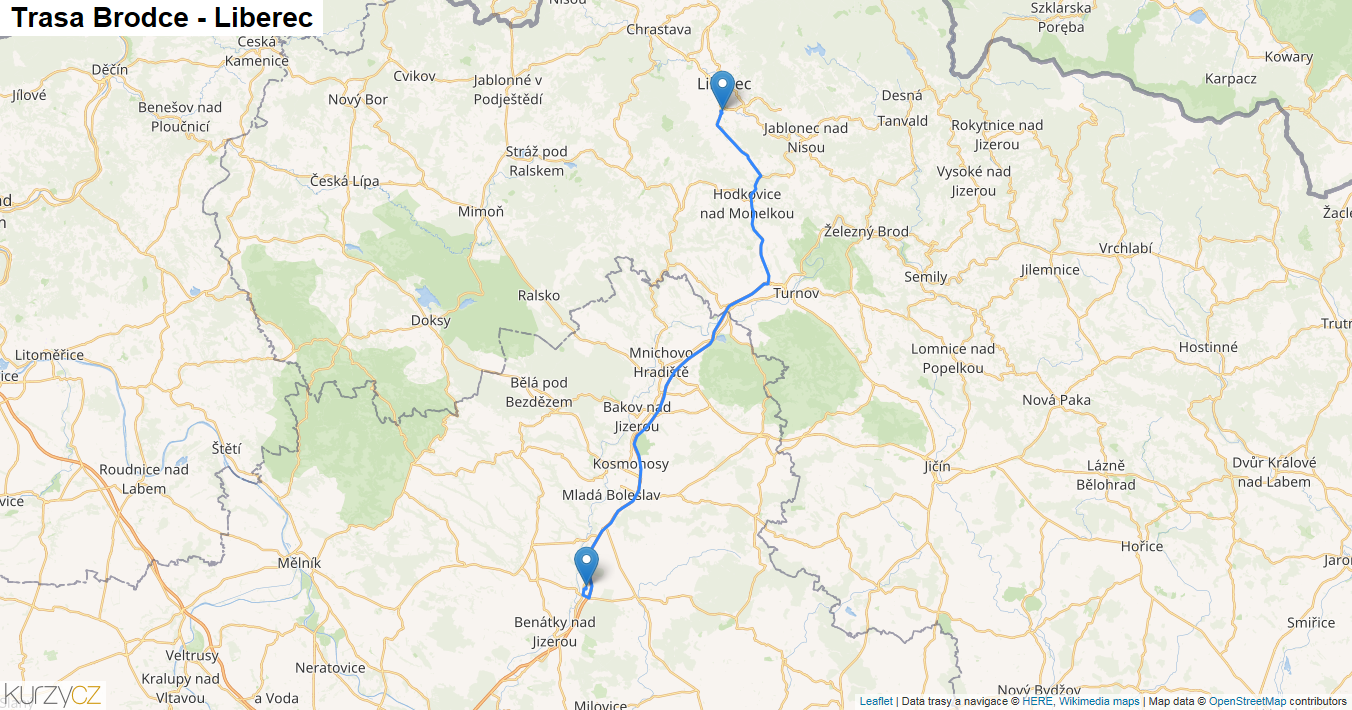 Brodce-Liberec, mapa trasy