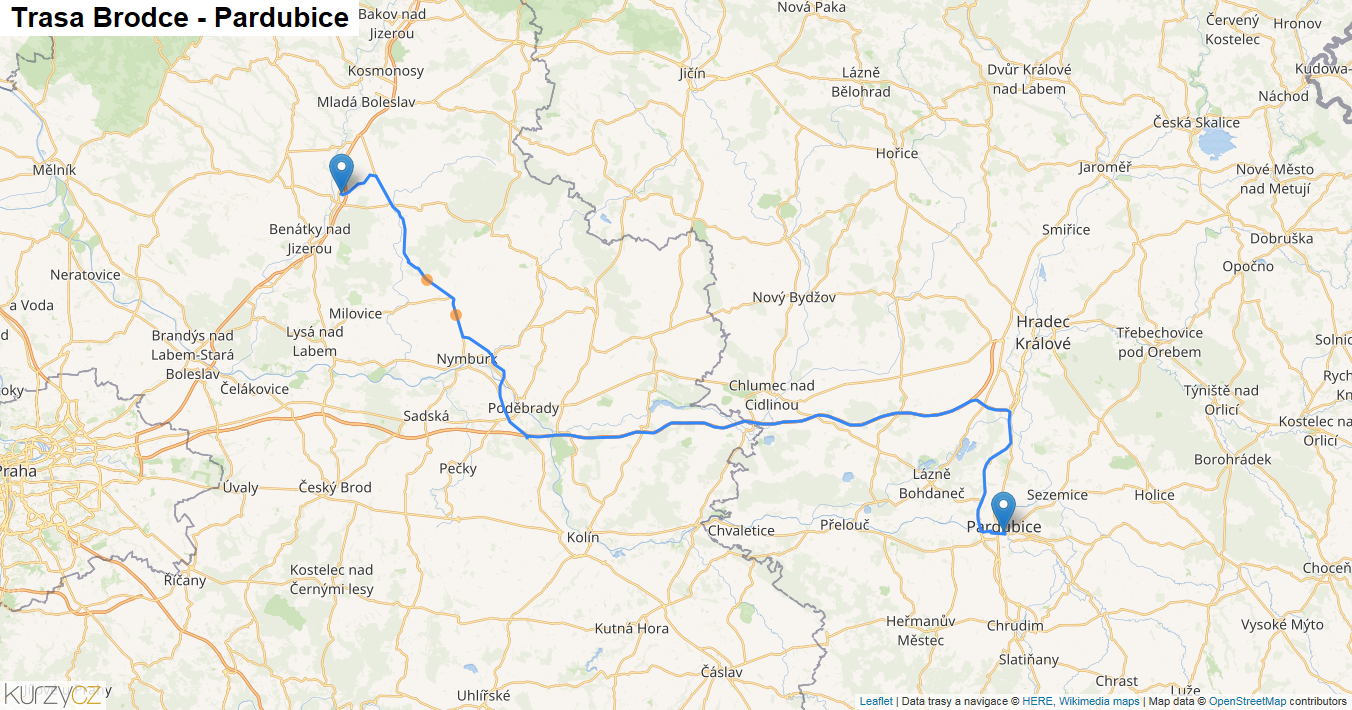 Brodce-Pardubice, mapa trasy
